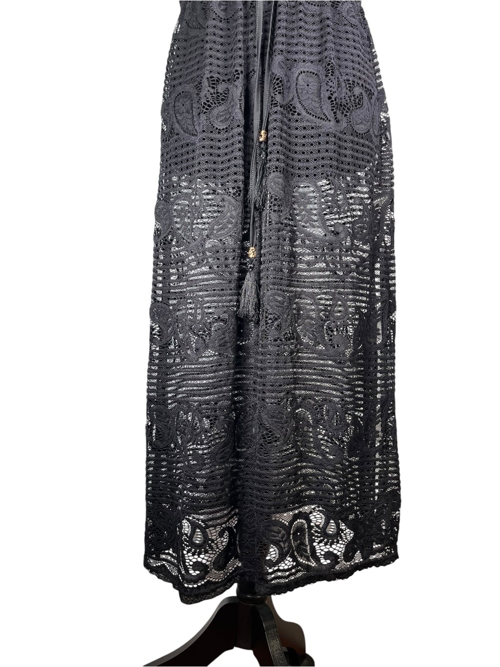 Black Crochet Maxi Dress Swim Cover Up Drawstring Beach Sleeveless Long Boho - Picture 9 of 12